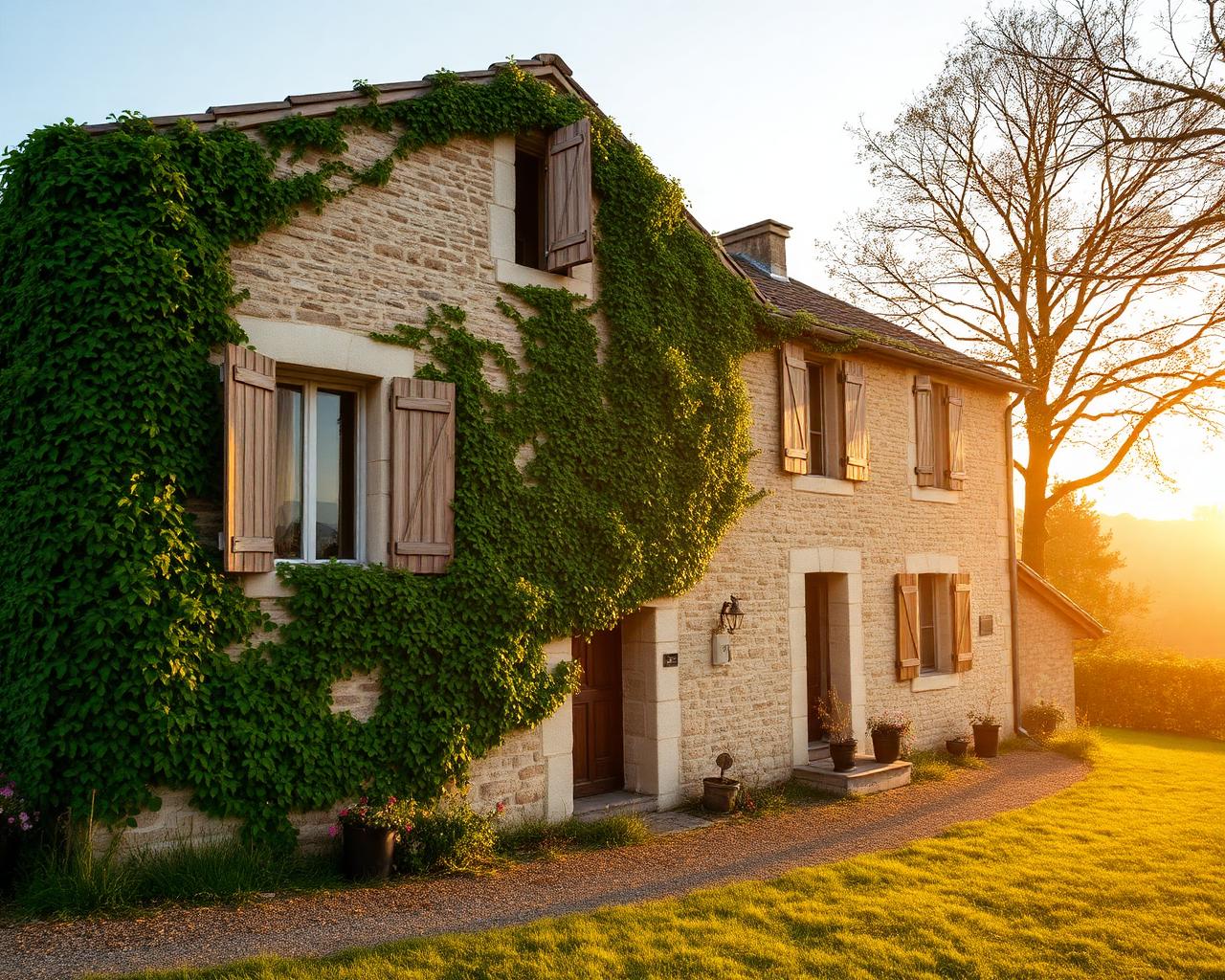 Ferme en pierre du Morvan au coucher du soleil