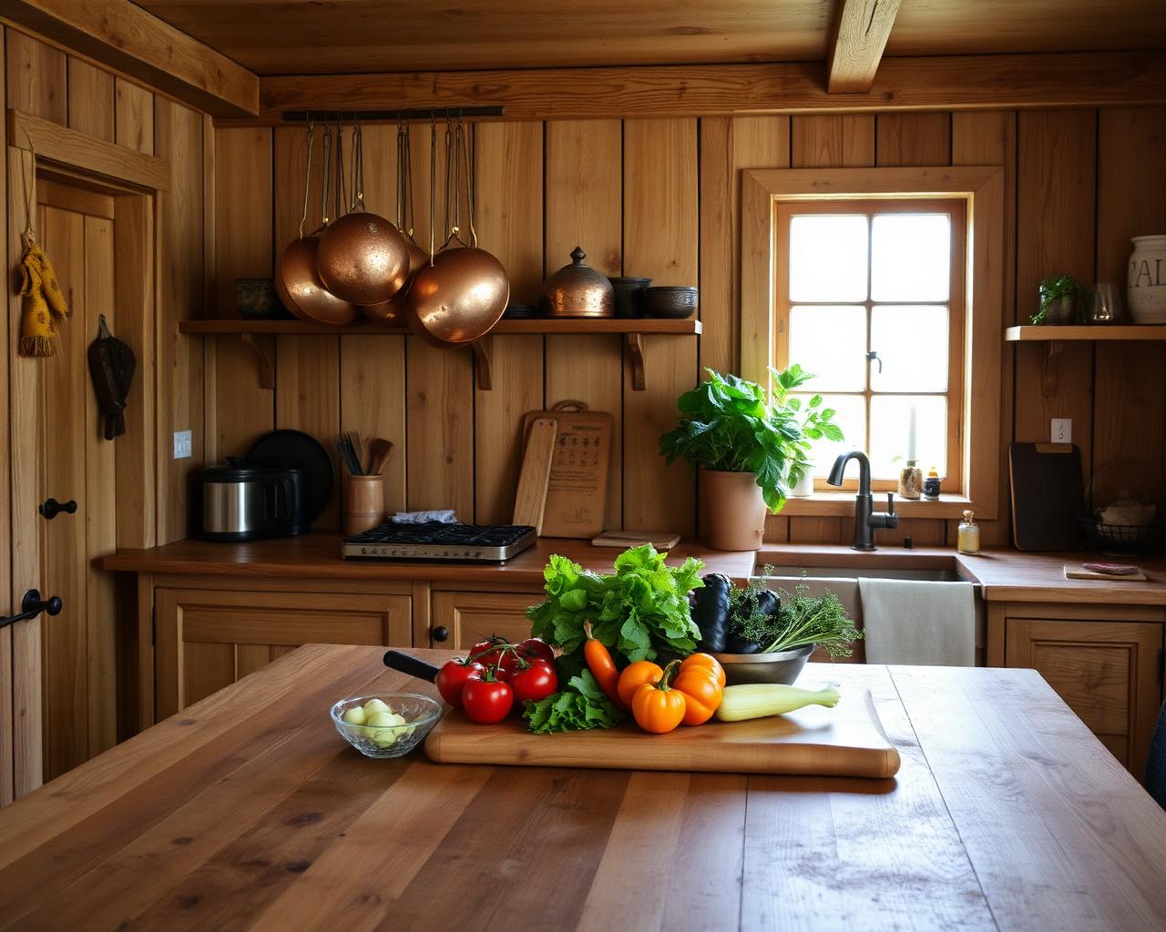 Cuisine de la ferme avec cuivres
